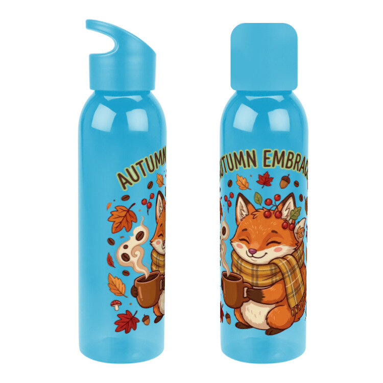 Бутылка для воды «Autumn Embrace Fox: Лиса с кофе в клетчатом шарфе» (голубой)