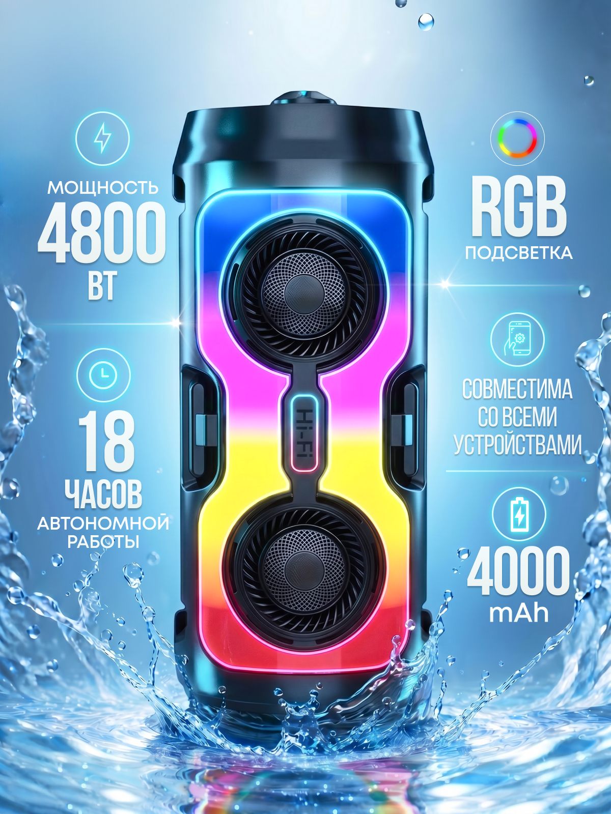 Колонка блютуз беспроводная с микрофоном, с радио, 4800 Вт