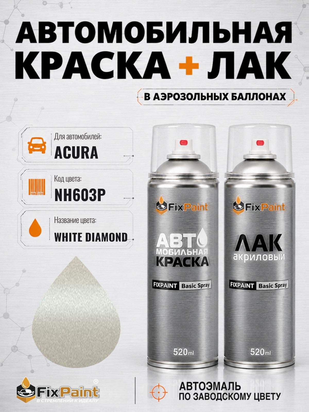 Краска и лак для ACURA, код NH603P, Трехслойная WHITE DIAMOND, автомобильная эмаль базовая и акриловый глянцевый лак FixPaint в аэрозольных баллонах 520 мл