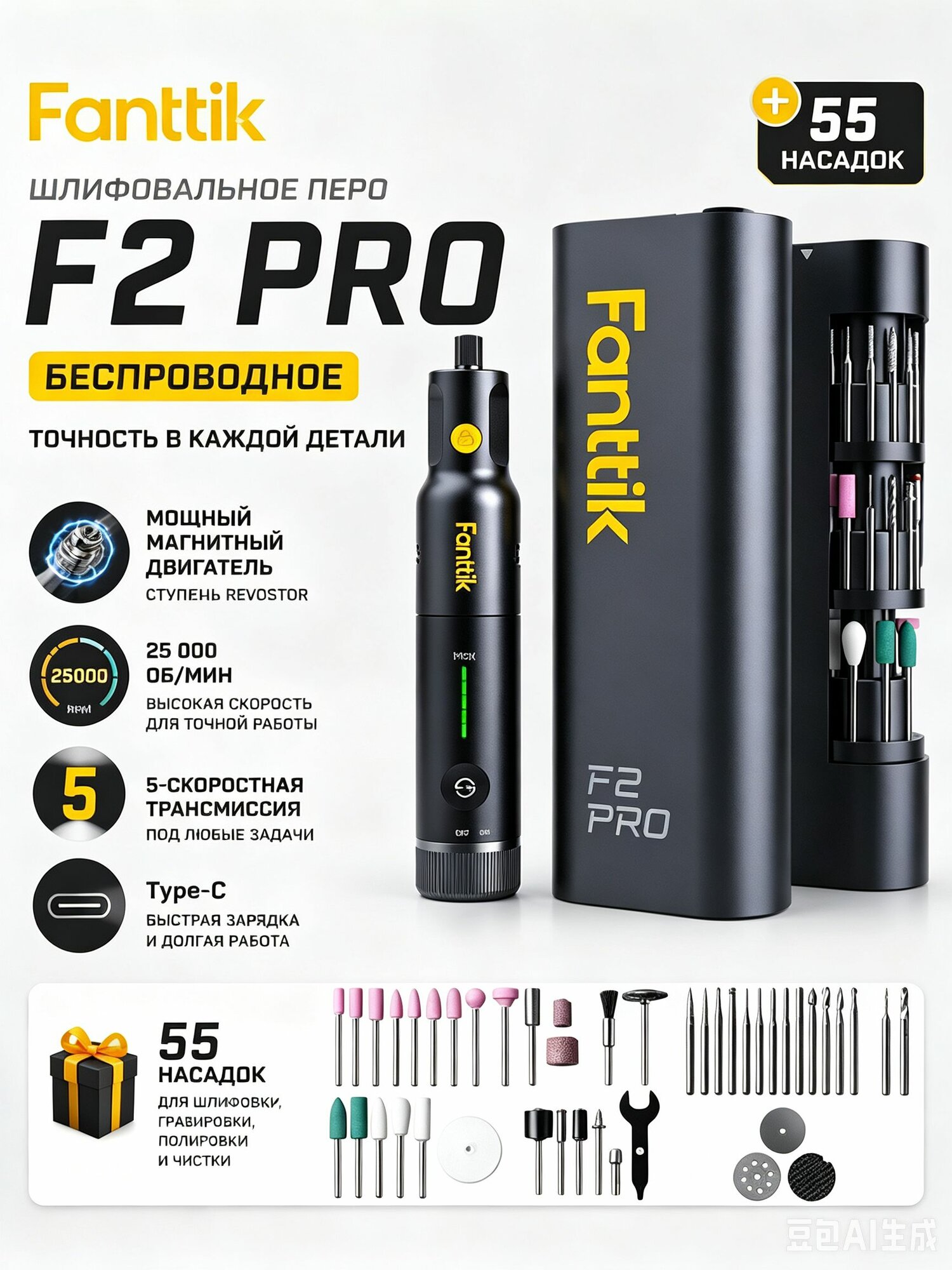 Беспроводное шлифовальное перо Fanttik F2 PRO, мощный магнитный двигатель, ступица Revostor, 5-скоростная трансмиссия, 25 000 об/мин, 55 принадлежностей.