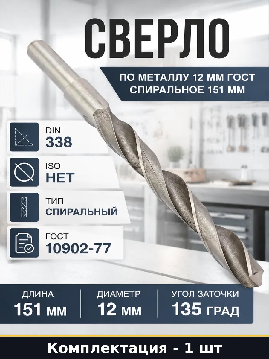 Сверло по металлу 12 мм ГОСТ спиральное 151 мм 1 штука
