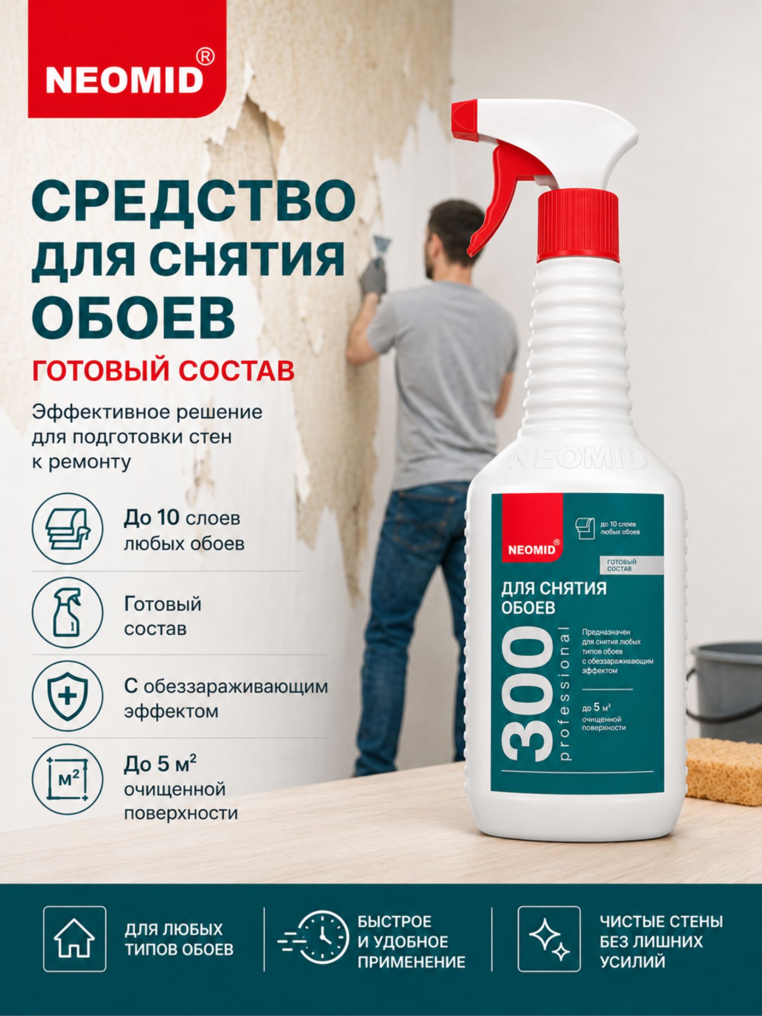 NEOMID 300 готовый раствор для удаления старых обоев со стен и потолков, очистка поверхности перед ремонтом 500мл