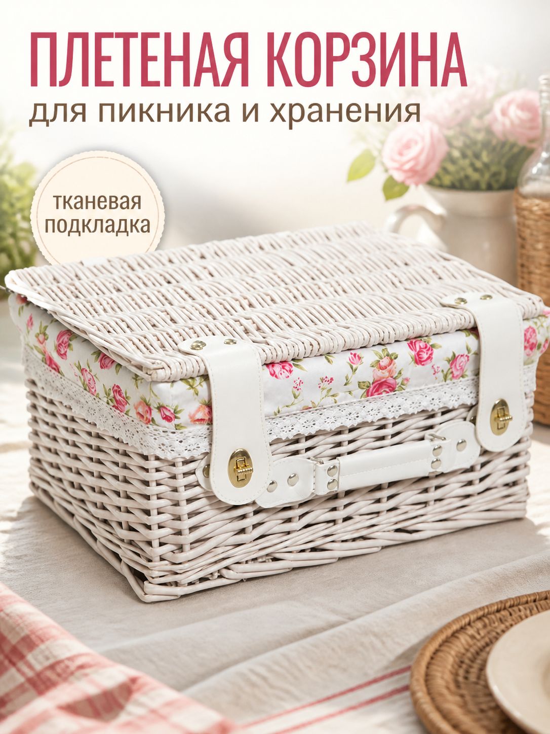 Плетеная корзина для пикника 42x32x21 см, белая, розы