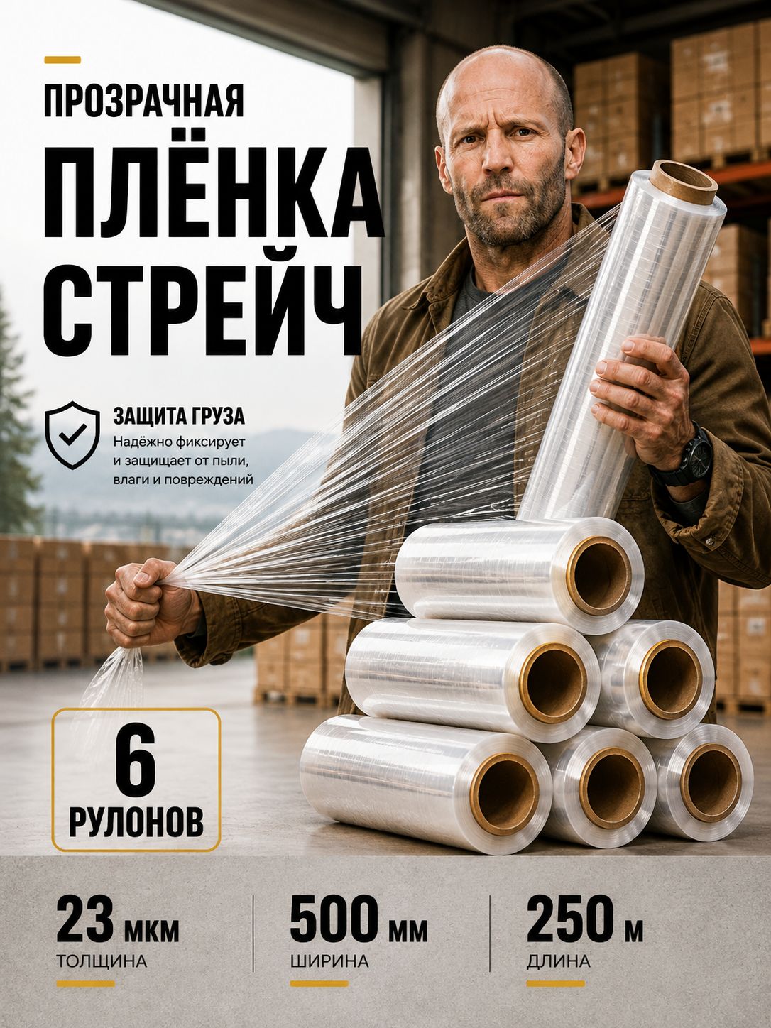 Стрейч плёнка 6 штук, прочная, багажная, защитная 500мм x 300м x 20 мкм