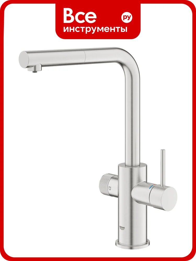 Смеситель для кухонной мойки Grohe Blue Pure Minta c вытяжным изливом, функцией фильтрации, без фильтра в комплекте, суперсталь 30590DC0