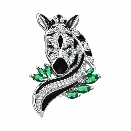 фото Брошь diamant online, серебро, 925 проба, родирование, эмаль, фианит, размер 3 см., , бирюзовый, черный