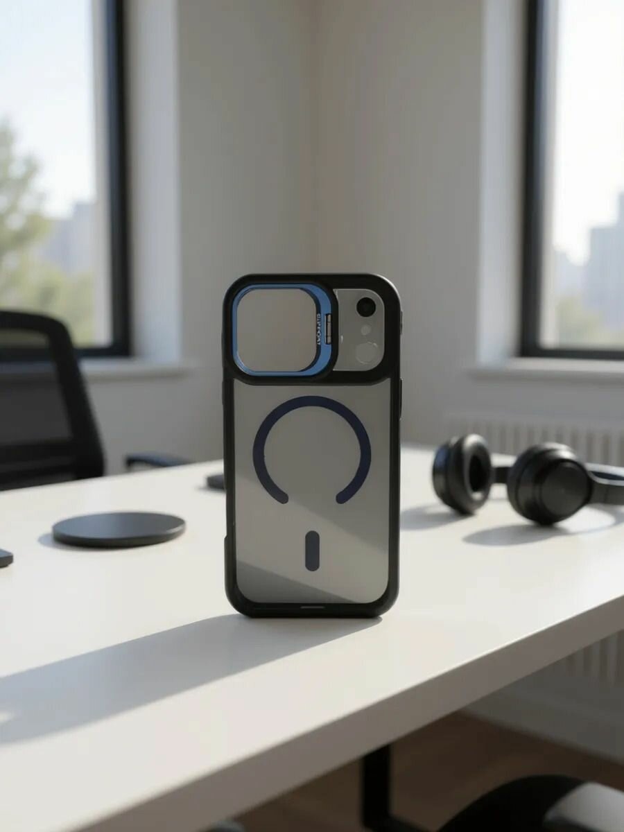 Чехол Crystal Stand Case, для iPhone 17 Pro Max, прозрачный, поддержка MagSafe, чёрный