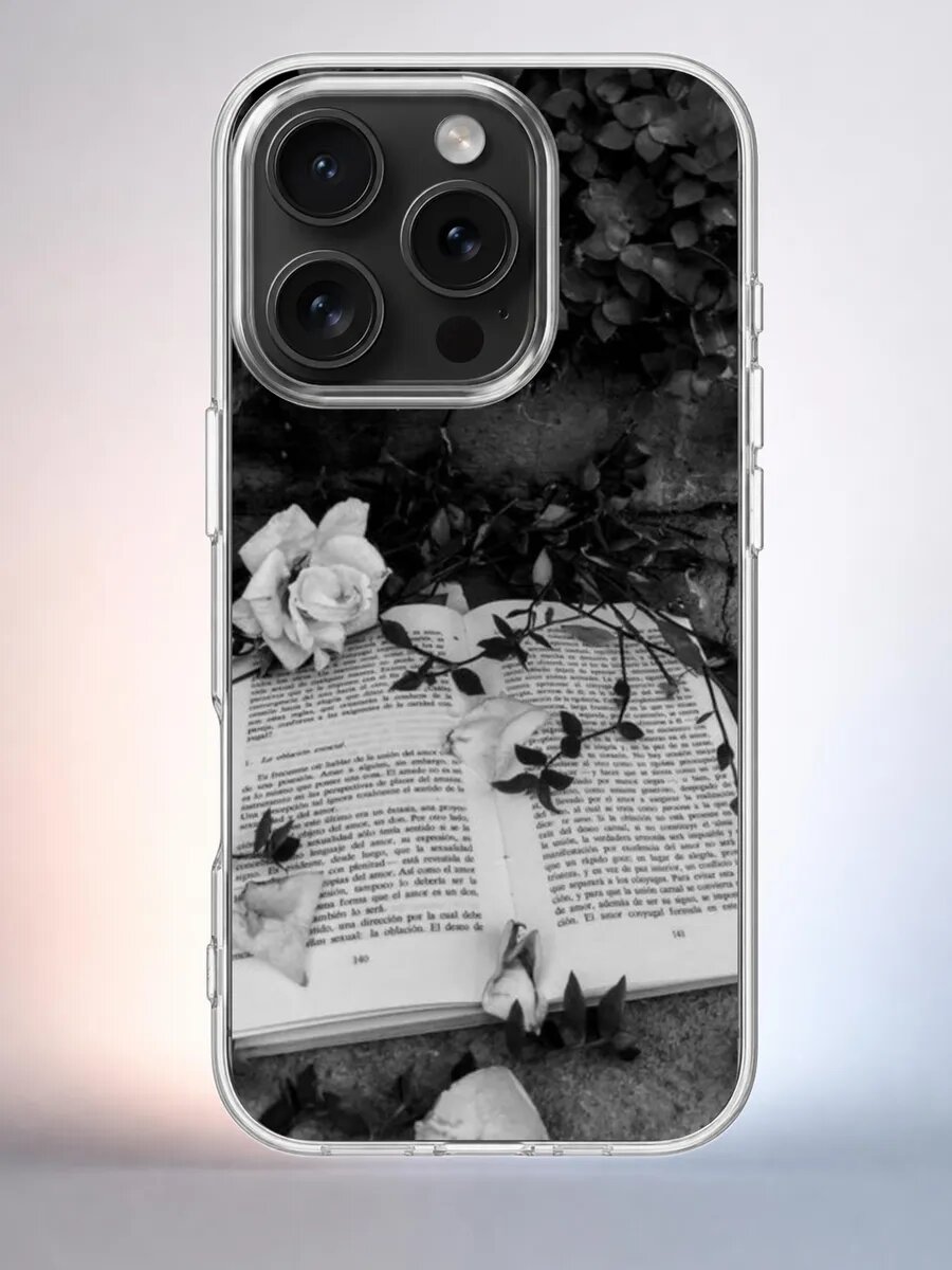 Чехол iPhone 15 Pro Розы и книга силиконовый прозрачный