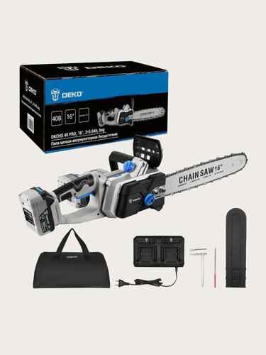Изображение товара Бесщеточная аккумуляторная цепная пила Deko DKCHS 40 PRO, 2х20В, 16", 2x5.0Ач, двойное з/у, с сумкой (085-2019)