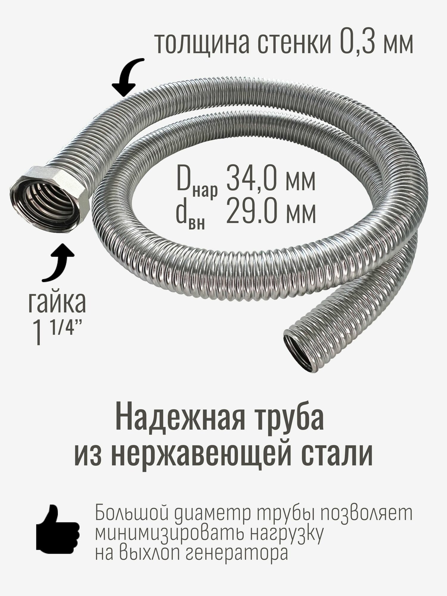 6 м Труба с гайкой 1 1/4" для отвода выхлопных газов генератора из нержавеющей стали — фото 1