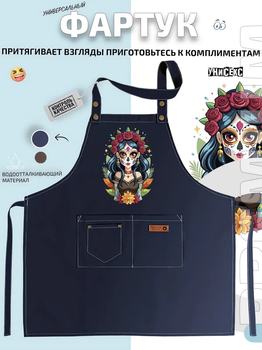 Фартук Ла Катрина La Catrina девушка с цветами и кухонный с принтом универсальный