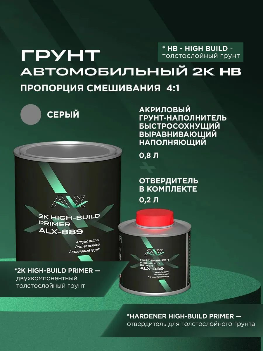 Грунтовка для автомобиля акриловая 2K HB 4:1 серая 0,8 л + 0,2 л отвердитель, грунт акриловый автомобильный наполнитель, автогрунтовка ALX