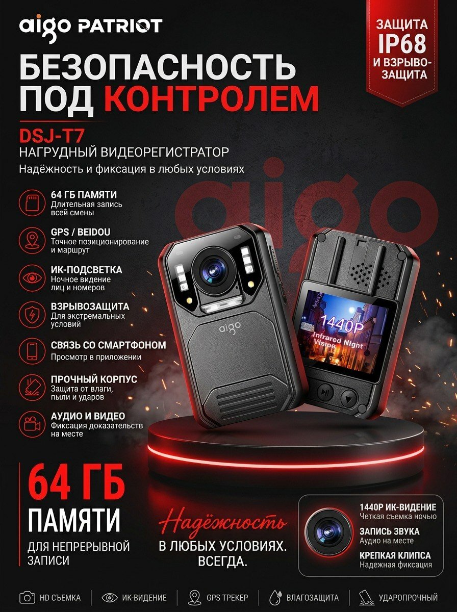 Xiaomi Aigo Patriot DSJ-T7 - нагрудный видеорегистратор, взрывозащищенный, сателлитное позиционирование (GPS/Beidou), качественное ночное видение (HD Night Vision), синхронизация со смартфоном