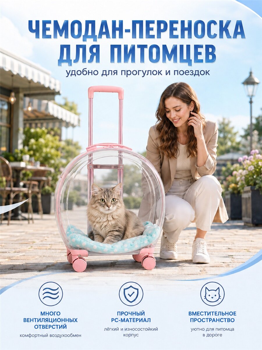 Чемодан‑переноска для питомцев с вентиляционными отверстиями, вместительный прозрачный контейнер на колёсах, удобный аксессуар для путешествий с котом или собакой