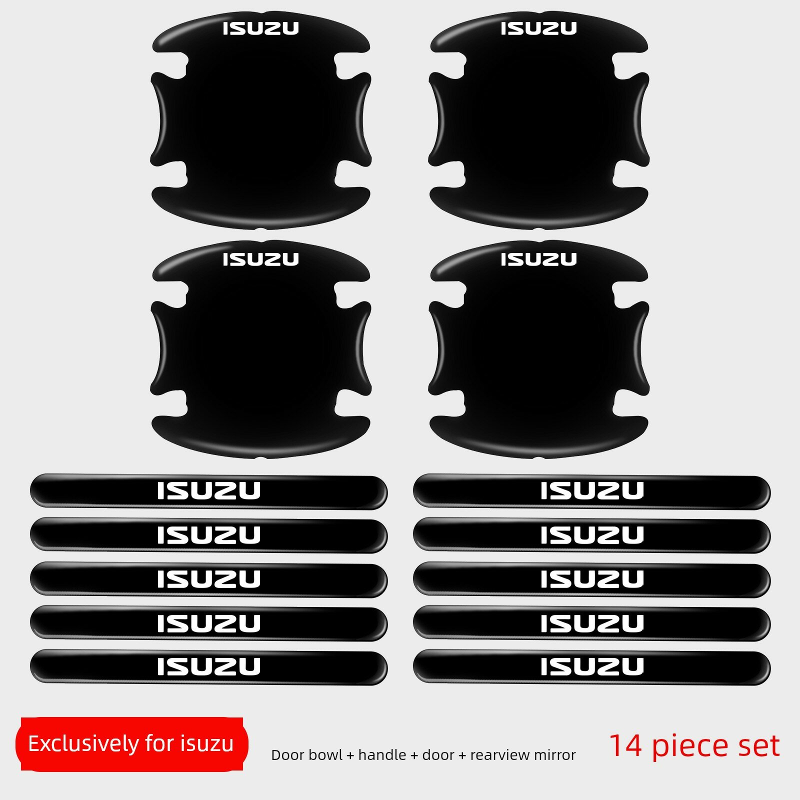 Набор пленок и лент с логотипом Isuzu, черная основа, 14 шт. (для ручки двери)