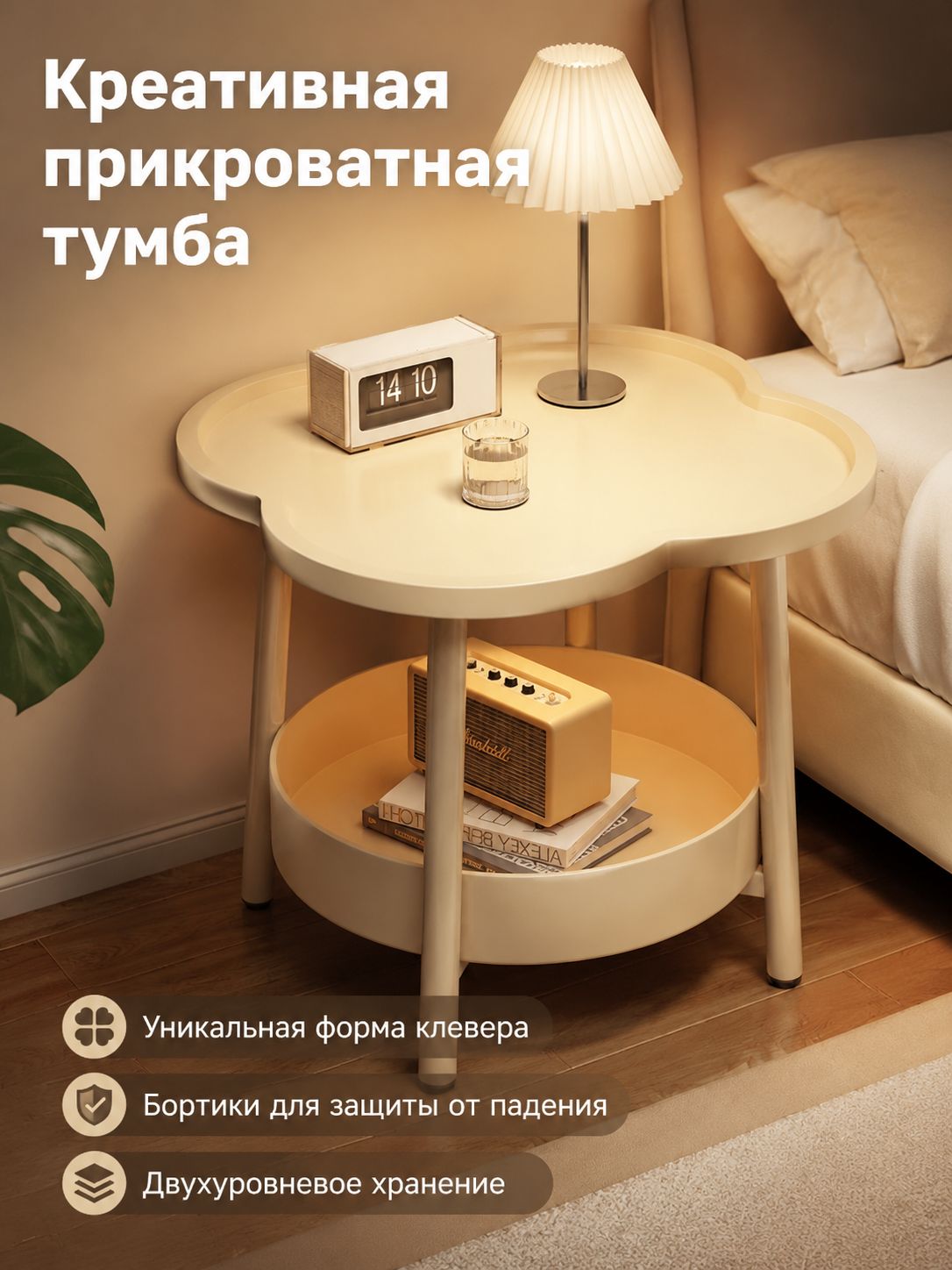 Прикроватная тумба в форме четырёхлистного клевера, 50x50x50 см, бежевая, с высоким бортиком и полкой