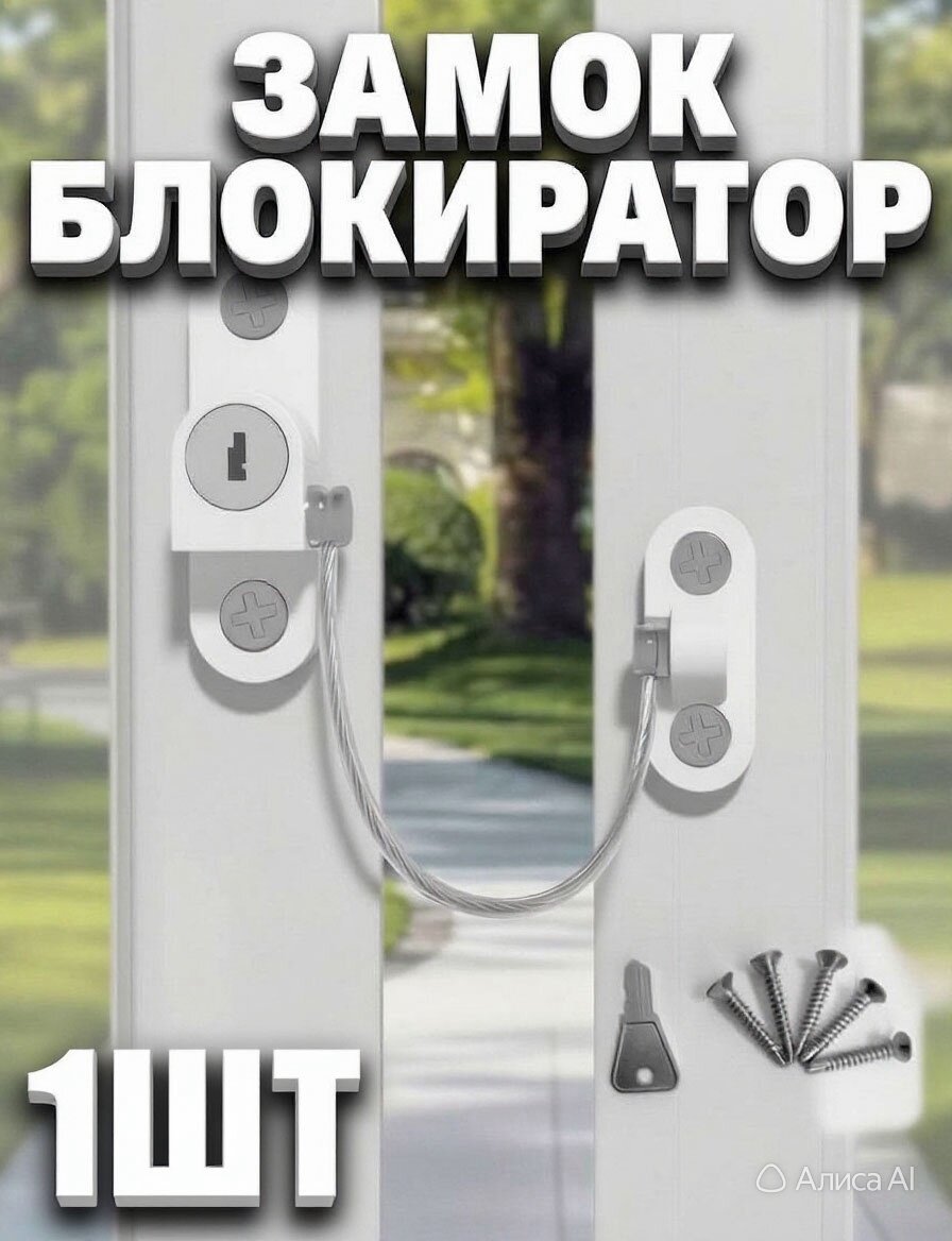 Блокиратор оконный "Детский замок" для безопасности детей, с ключом, белый, металл и ABS-пластик, длина троса 20 см