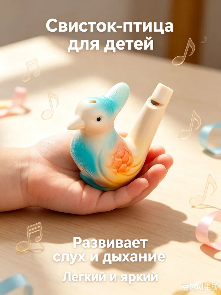 Свистулька птичка с водой " Птичка с хохолком расписная" / Детская музыкальная игрушка для малышей