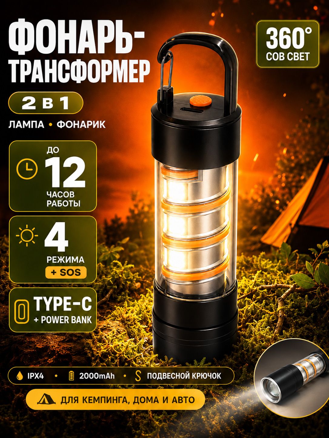 Мощный ручной фонарь аккумуляторный 2 в 1, ZOOM, кемпинговая лампа, 5 уровней яркости, Type-C