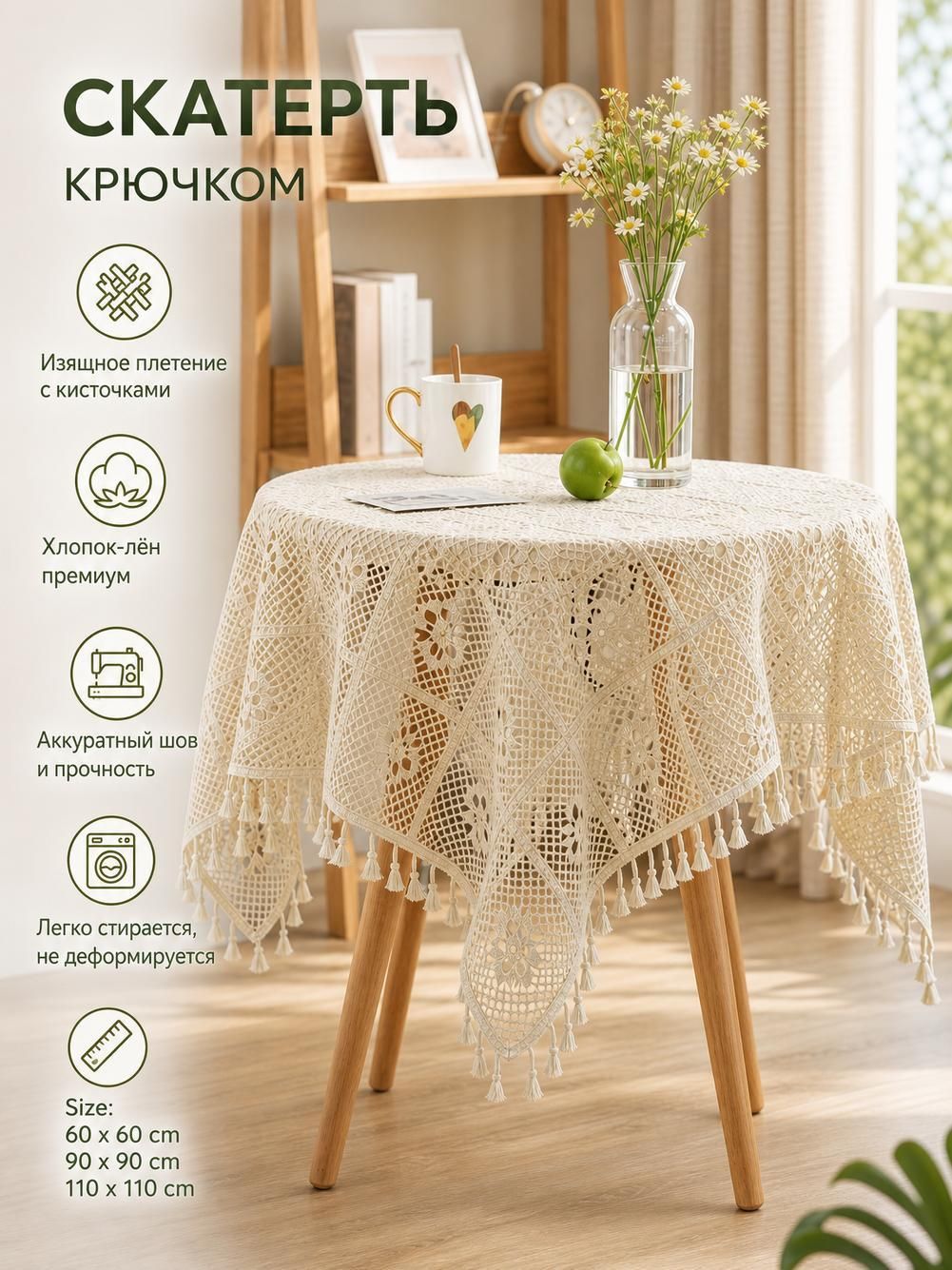 Скатерть в стиле ретро из хлопка и льна с кисточками