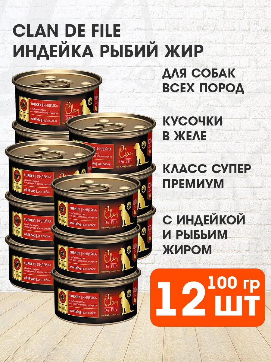 Корм влажный Clan De File монобелковые для взрослых собак, индейка, рыбий жир, 100 г 12 шт