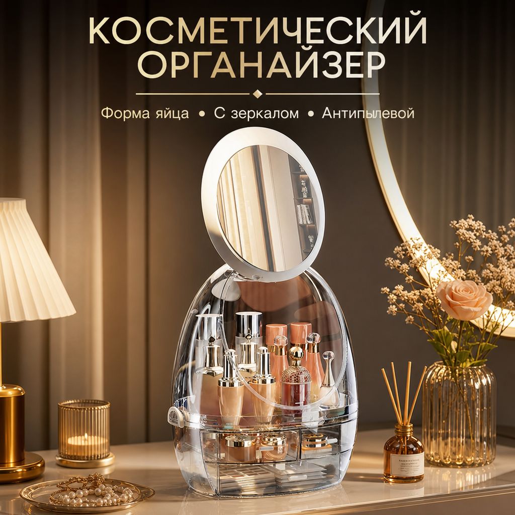 Косметический органайзер в форме яйца с зеркалом, антипылевой дизайн, большой объем