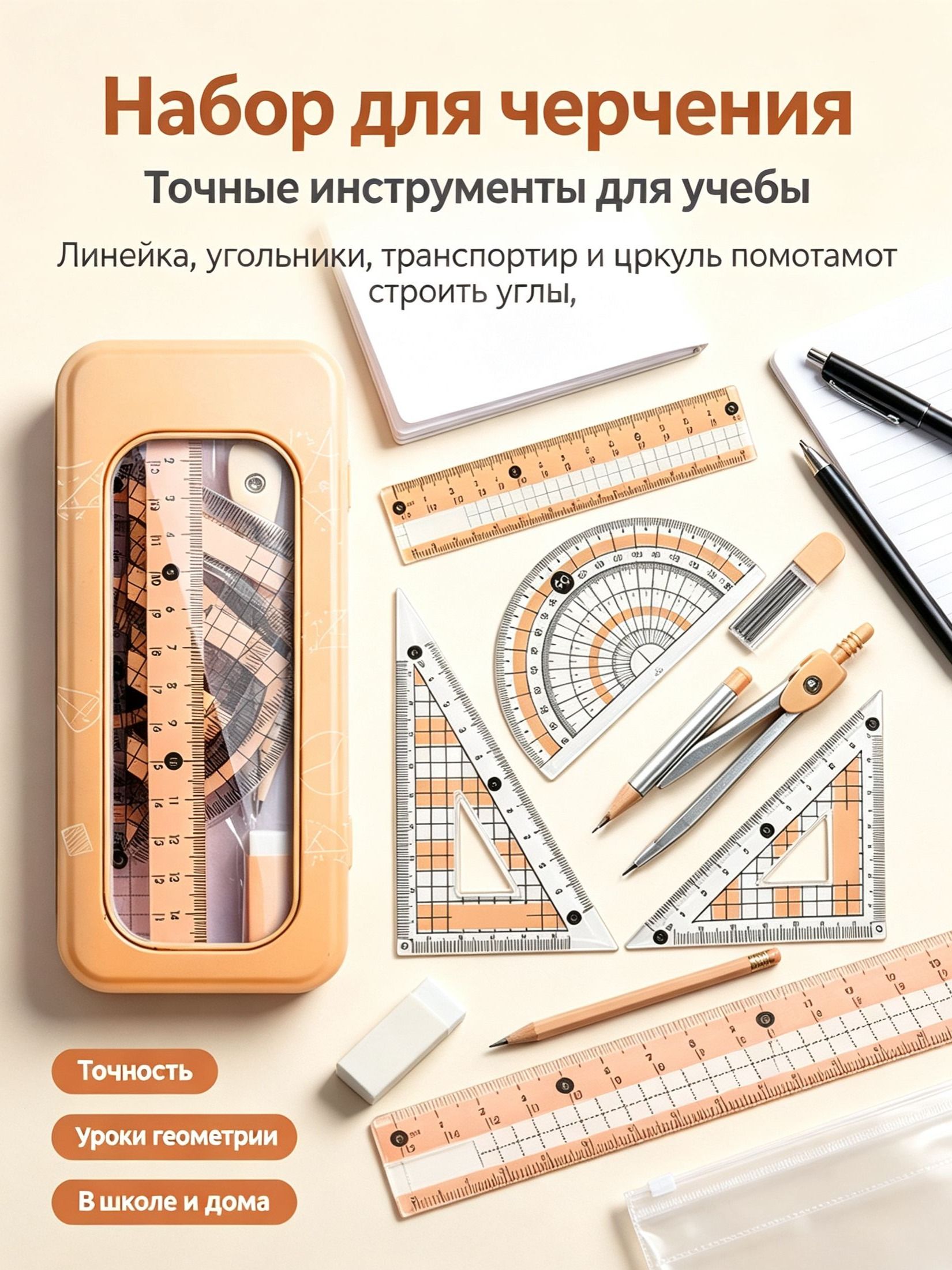 Набор канцелярских принадлежностей из 8 предметов (циркуль и линейка)