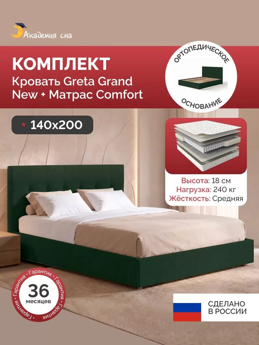 Кровать с матрасом 140х200, с ортопедическим основанием, Greta Grand, Тк. Casanova Grass