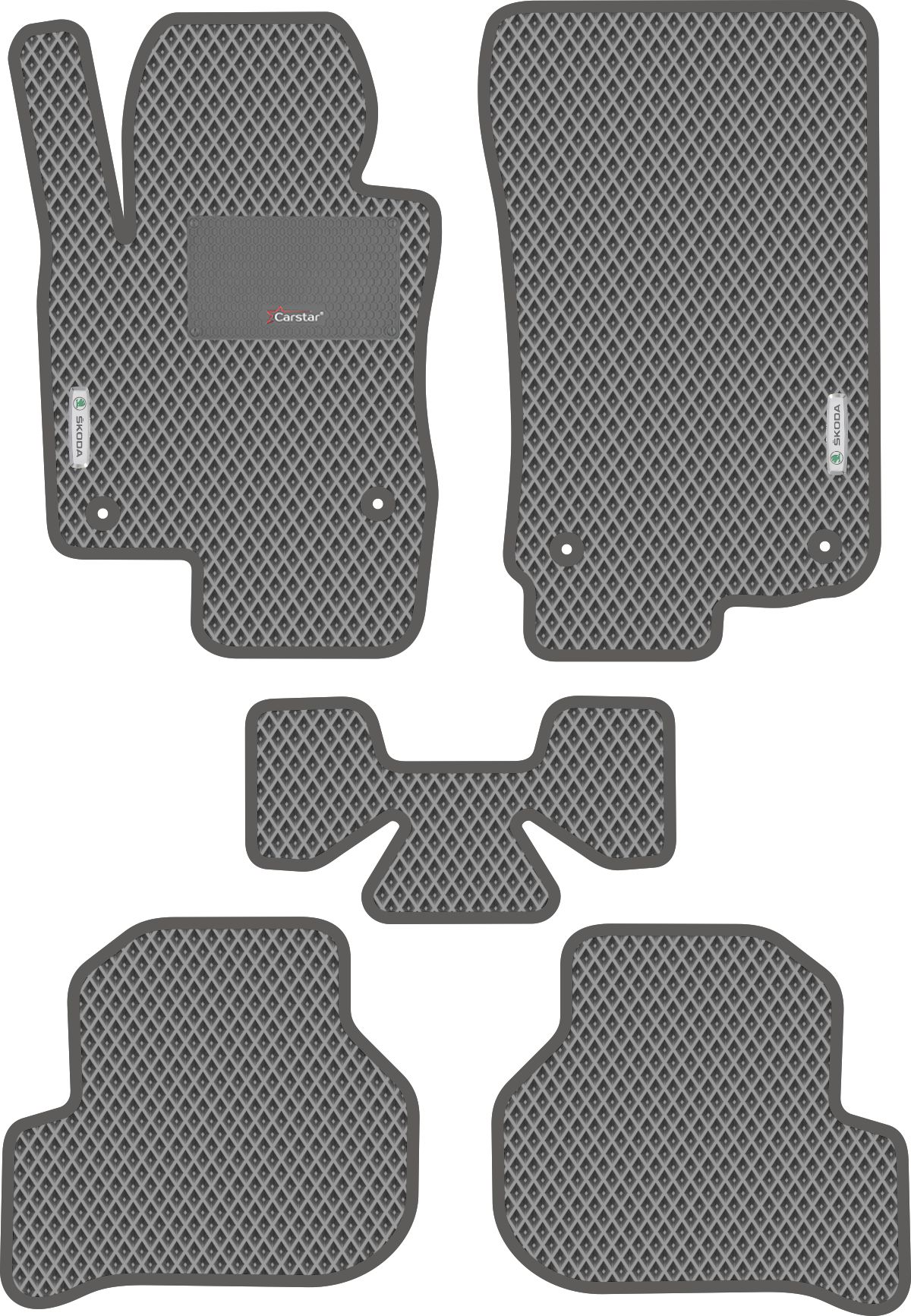 Автомобильные коврики EVA для Skoda Octavia II A5 FL (2009-2013), с каучуковым подпятником и 2 эмблемами Skoda, серые с серым кантом, ячейка - ромб