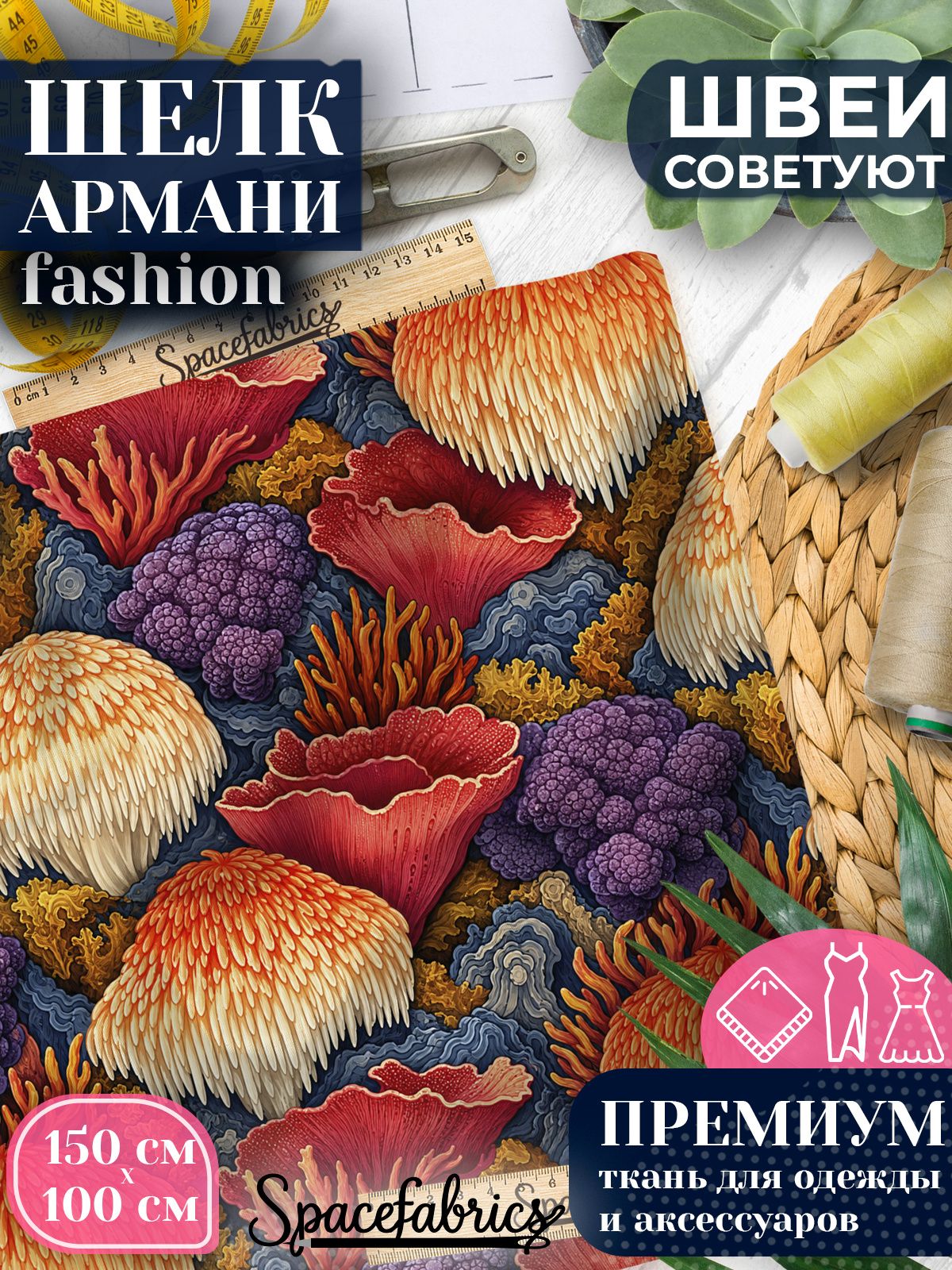 Ткань для шитья шелк Армани, искусственный шелк для костюмов, платьев, юбок с принтом Лесные грибы