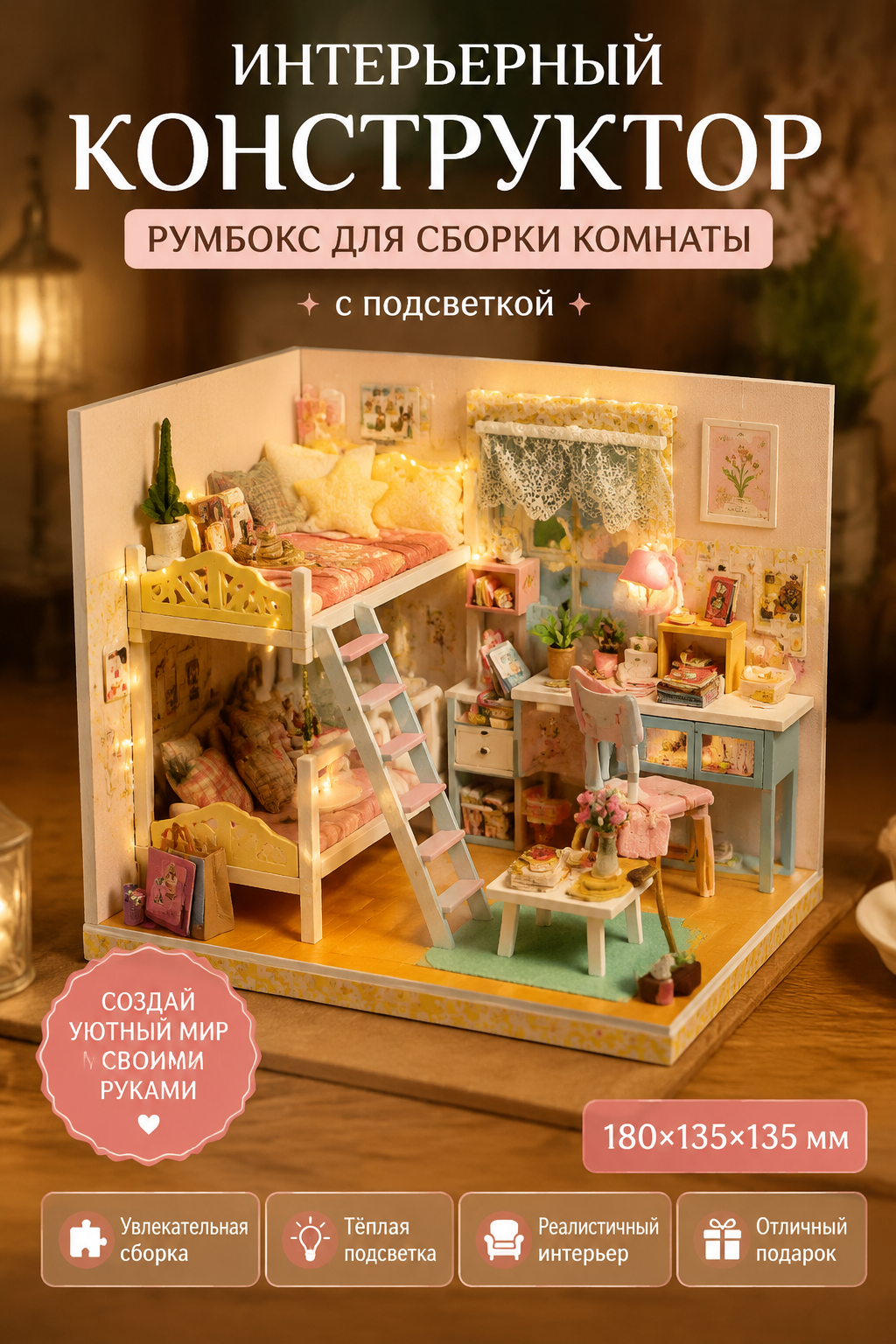 Интерьерный конструктор румбокс для сборки комнаты с подсветкой, 180×135×135 мм