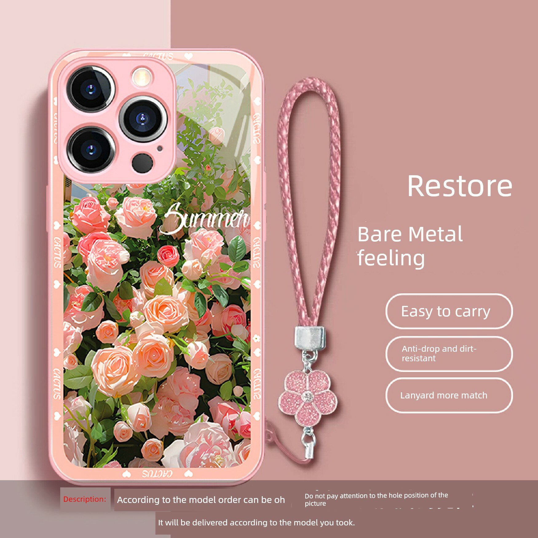 Чехол из закаленного стекла для iPhone 13 Pro с розовой цветочной композицией и совместимым шнуром