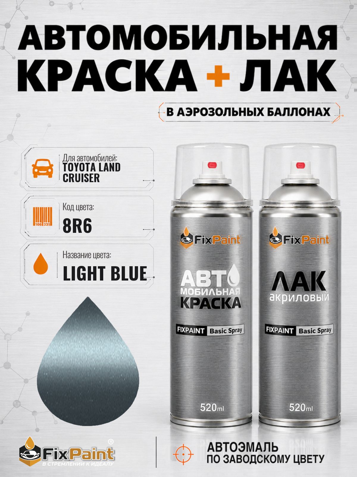 Краска и лак для TOYOTA LAND CRUISER, код 8R6, LIGHT BLUE, автомобильная эмаль базовая и акриловый глянцевый лак FixPaint в аэрозольных баллонах 520 мл