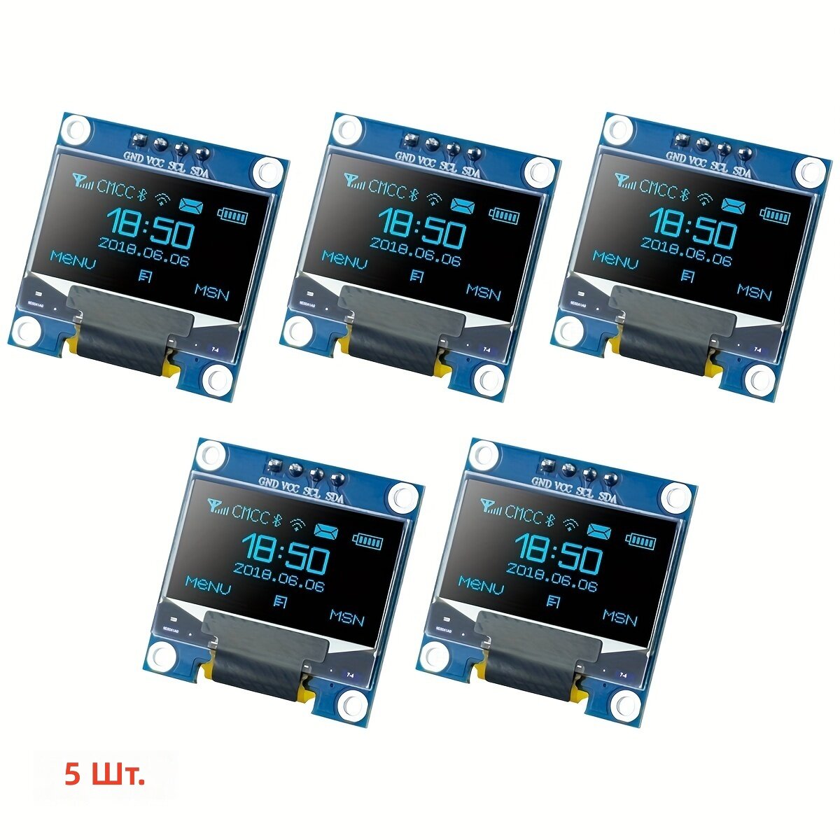 Модуль дисплея OLED 0.96 дюйма I2C 128x64 пикселей SSD1306, синий, 5 шт.