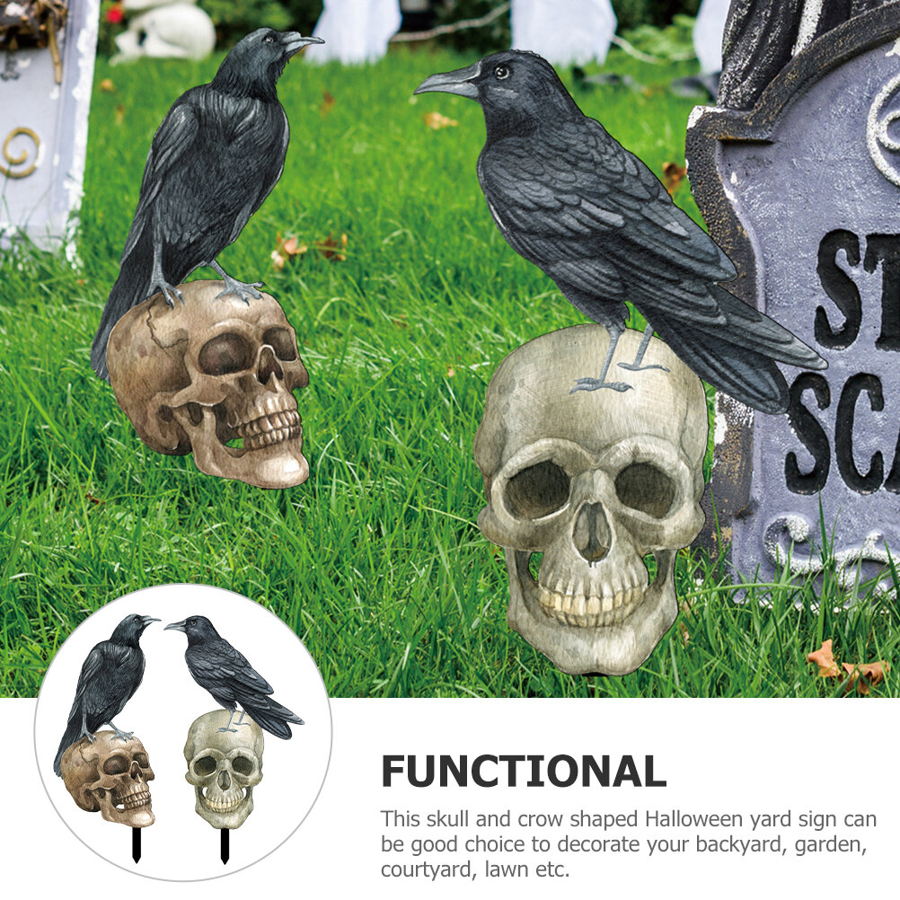 2 Шт Halloween Декоративный Знак С Кольями В Forme Черепа И Вороны Для Украшения Сада 30x17Cm