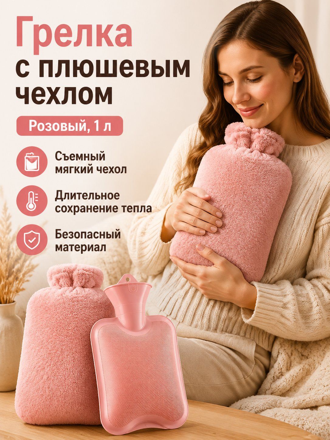Грелка резиновая,1 л, Горячий компресс, холодный компресс, материал пва безопаснее розовый