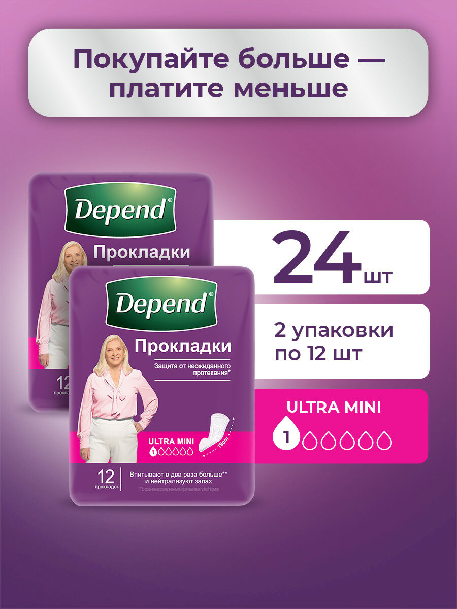Прокладки урологические женские Depend Ультра Мини при недержании, 24 шт — фото 1