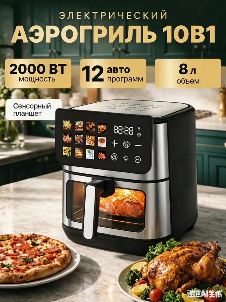 Аэрогриль электрический 8 л с 2 ТЭНами 1800 Вт для семьи, 12 программ, металлическая камера, сенсорный экран, русская инструкция + книга рецептов, чёрный67, черный матовый
