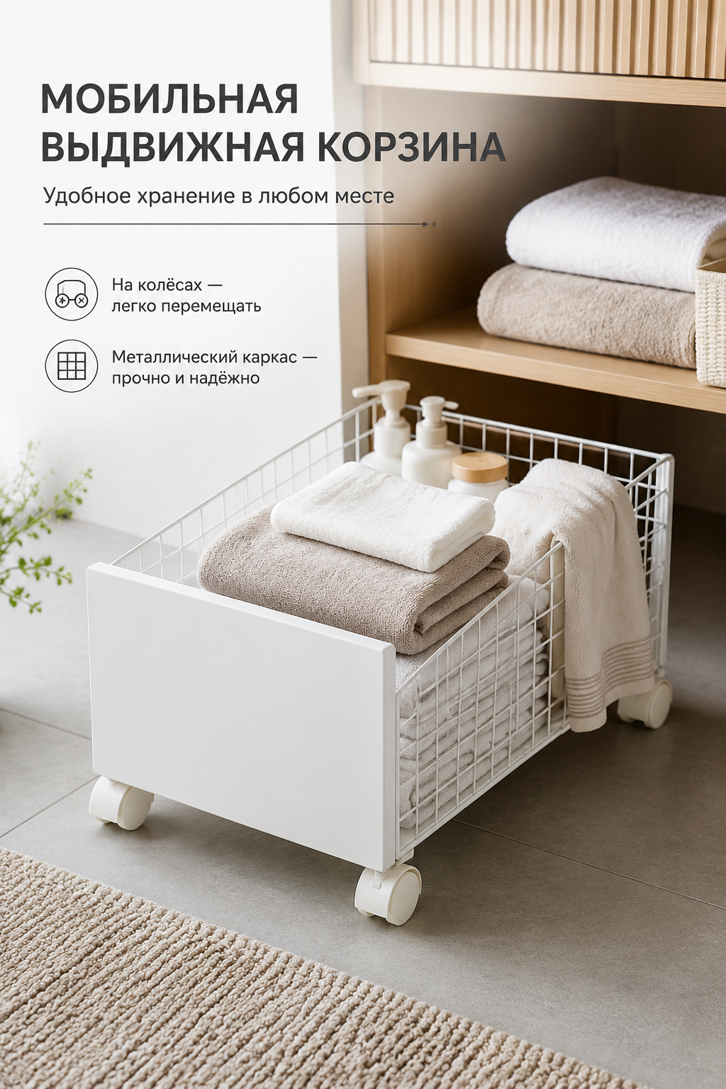 Мобильная выдвижная корзина для хранения с колёсами, 38×25×16 см, белая