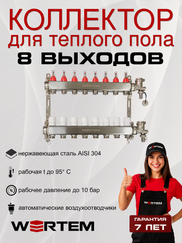 Изображение товара Коллектор для теплого пола 8 контуров WERTEM, с расходомерами, с автоматическими воздухоотводчиками и дренажными кранами