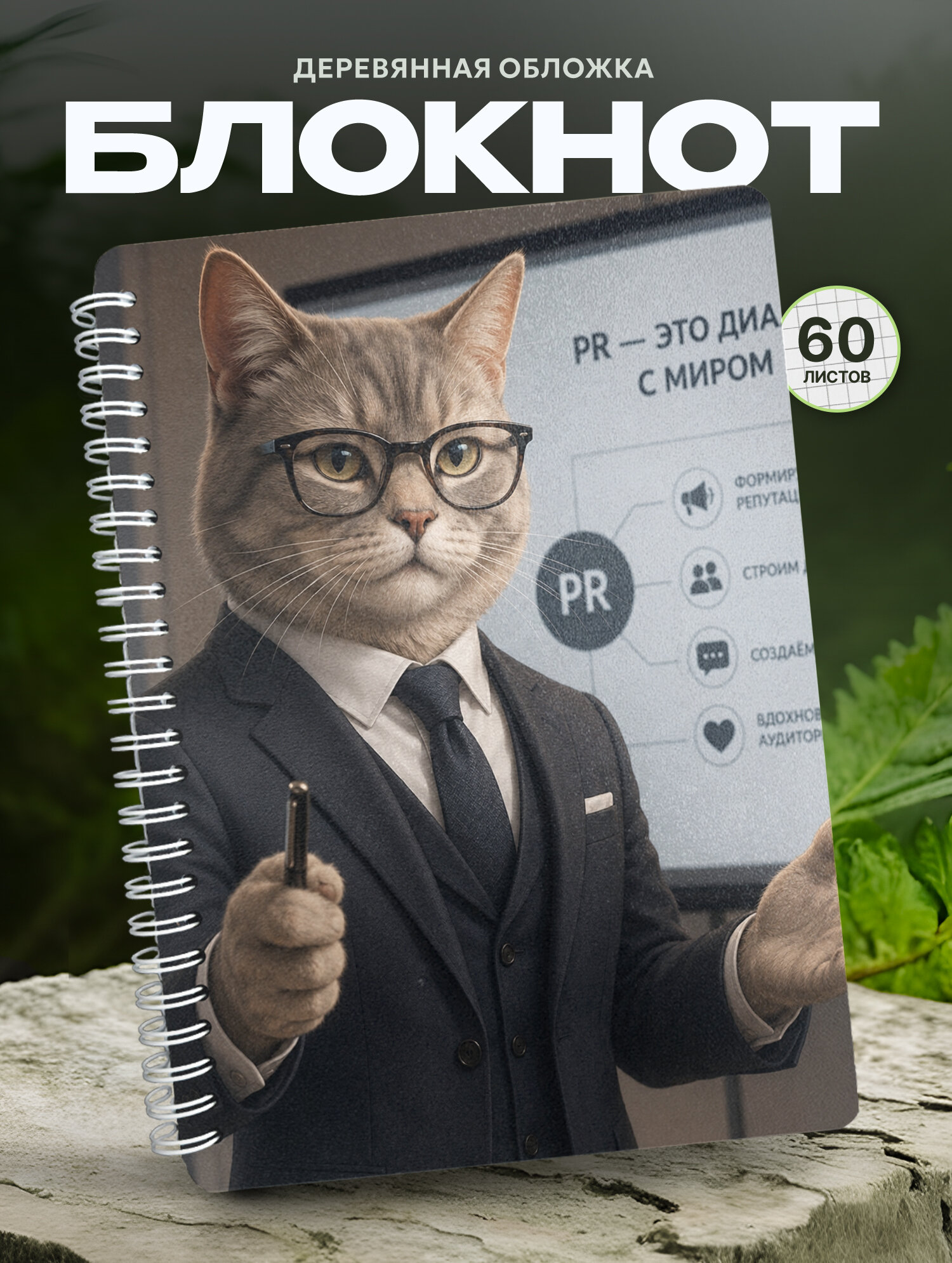 Блокнот Wood-book "PR менеджер кот", A5, твердая обложка, лхдф