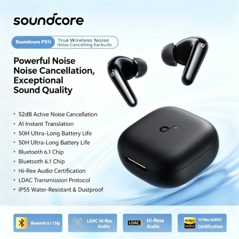 Наушники беспроводные чёрные, Bluetooth, шумоподавление, с зарядным кейсом