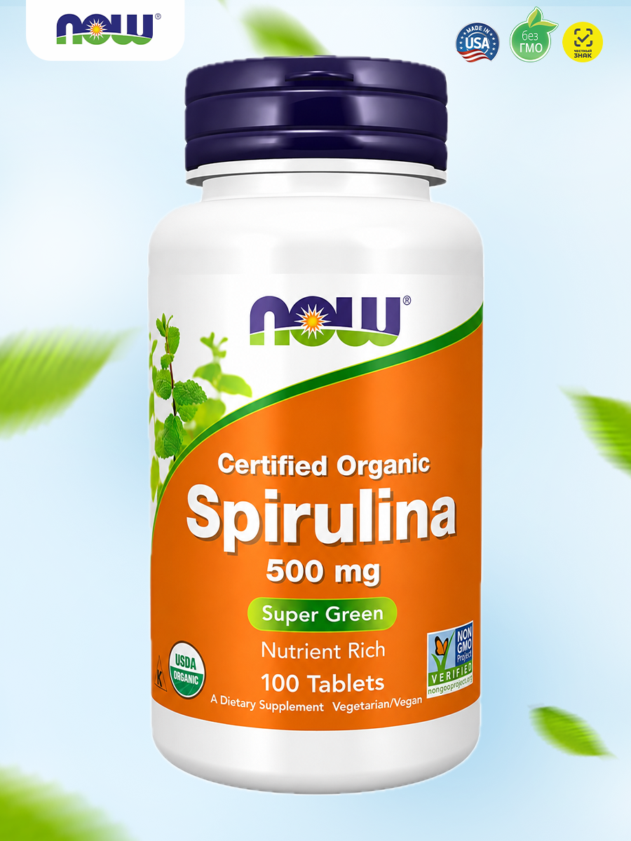 Now Foods Спирулина 500 мг 100 таблеток, Organic Spirulina 500 mg 100 tabs