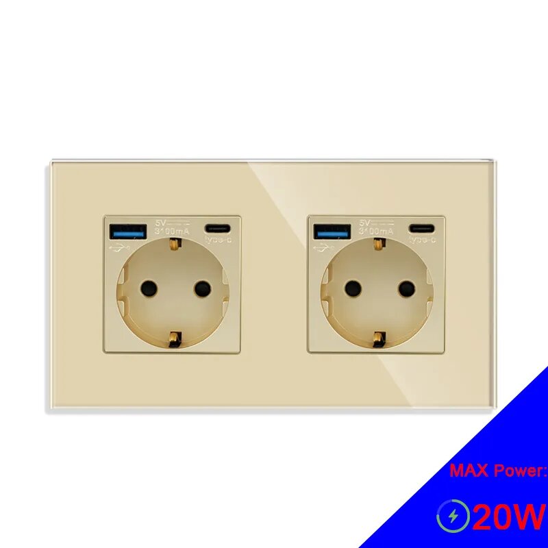 Розетка электрическая двойная с USB и type-C входами, быстрая зарядка 20W, рамка закаленное стекло Золото