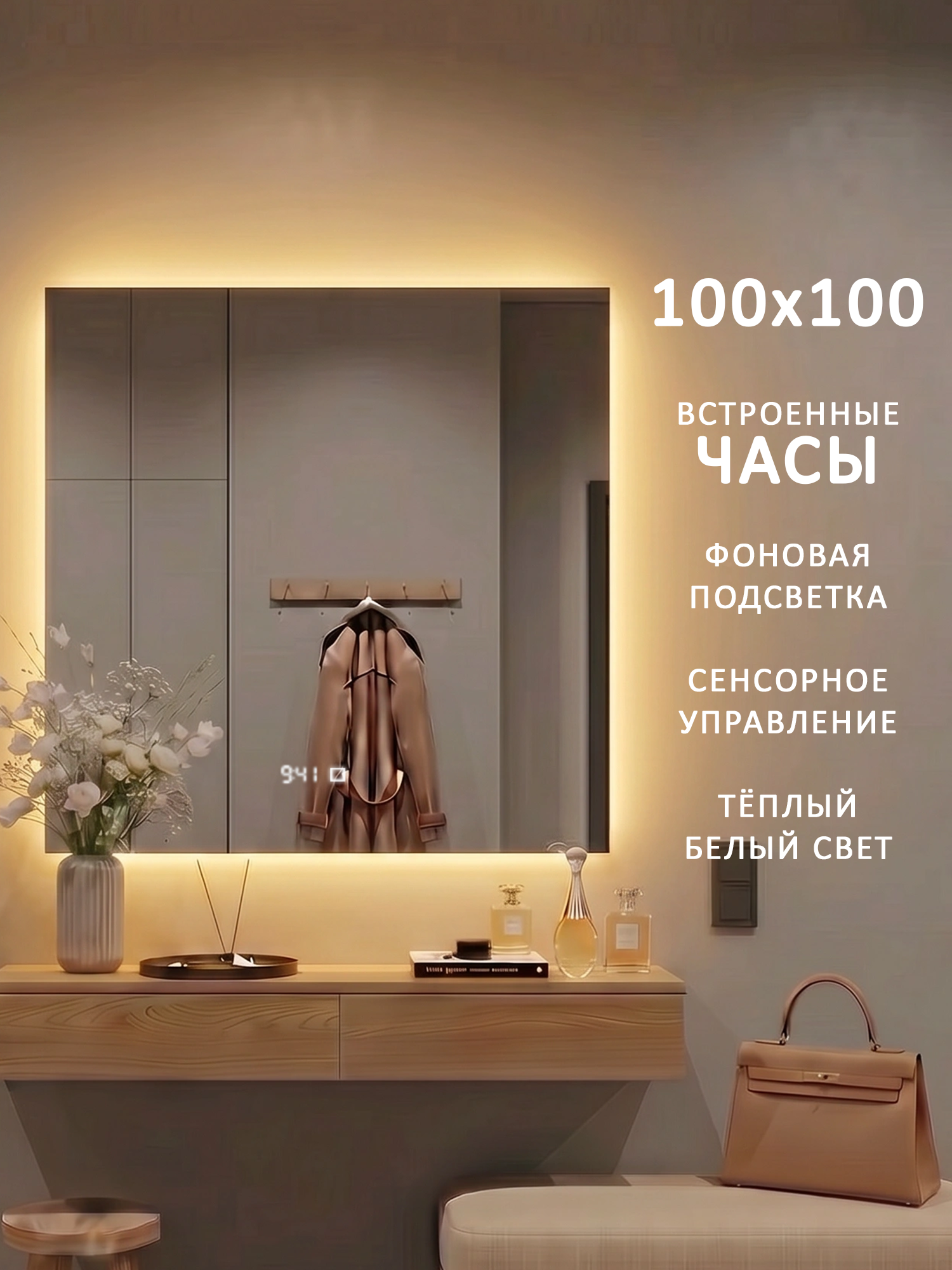 Зеркало настенное в прихожую Alias Квартал 100*100, тёплая LED-подсветка, часы