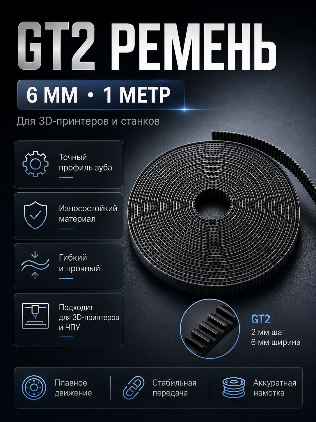 Синхронный зубчатый ремень GT2 6мм (1 метр)