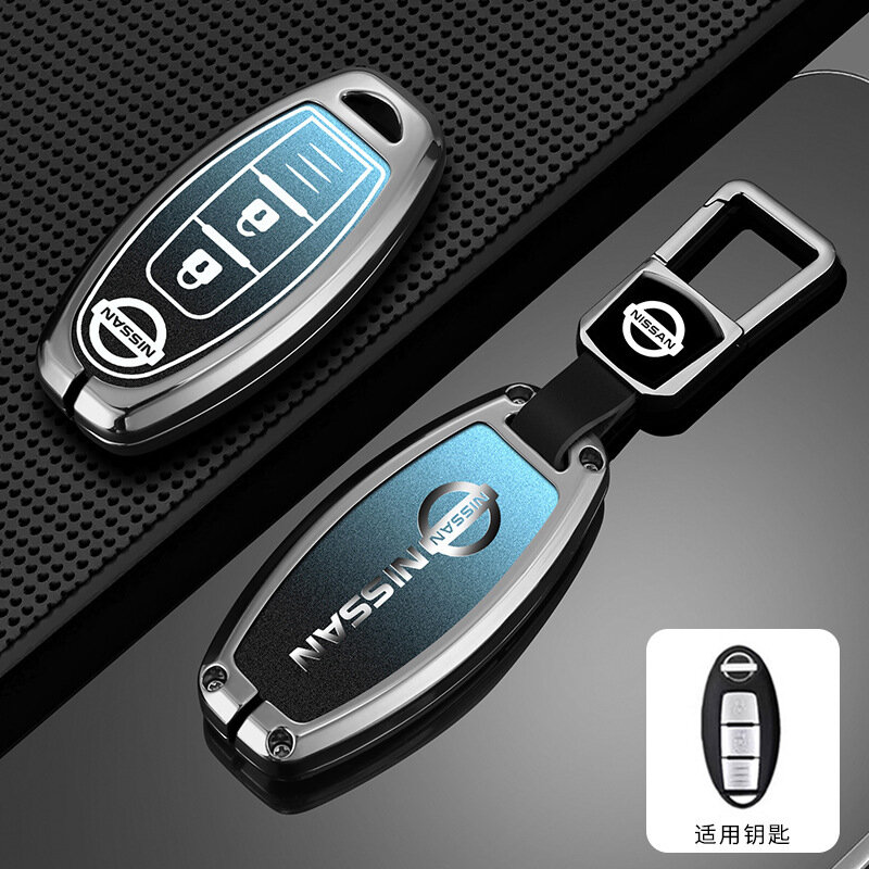 Чехол для ключа Nissan для моделей Qashqai/Sylphy/Sentra - Стиль А, 2-кнопочный 3-полосный, черно-синий градиент,