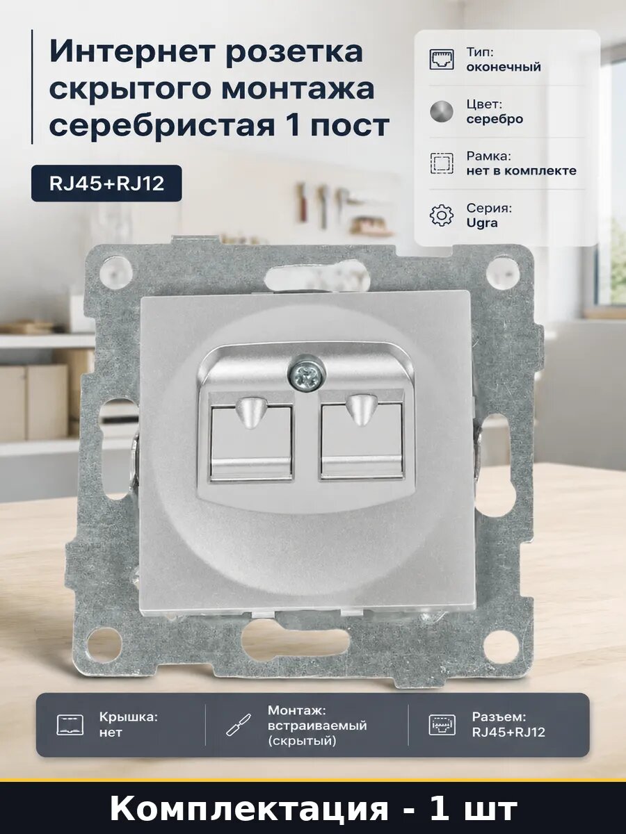 Интернет розетка скрытого монтажа серебристая 1 пост