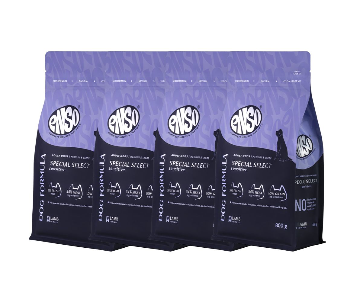 ENSO Dog formula Special select сухой полнорационный корм для взрослых собак средних и крупных пород со свежим ягненком с добавлением томата 0,8 кг x 4 шт.