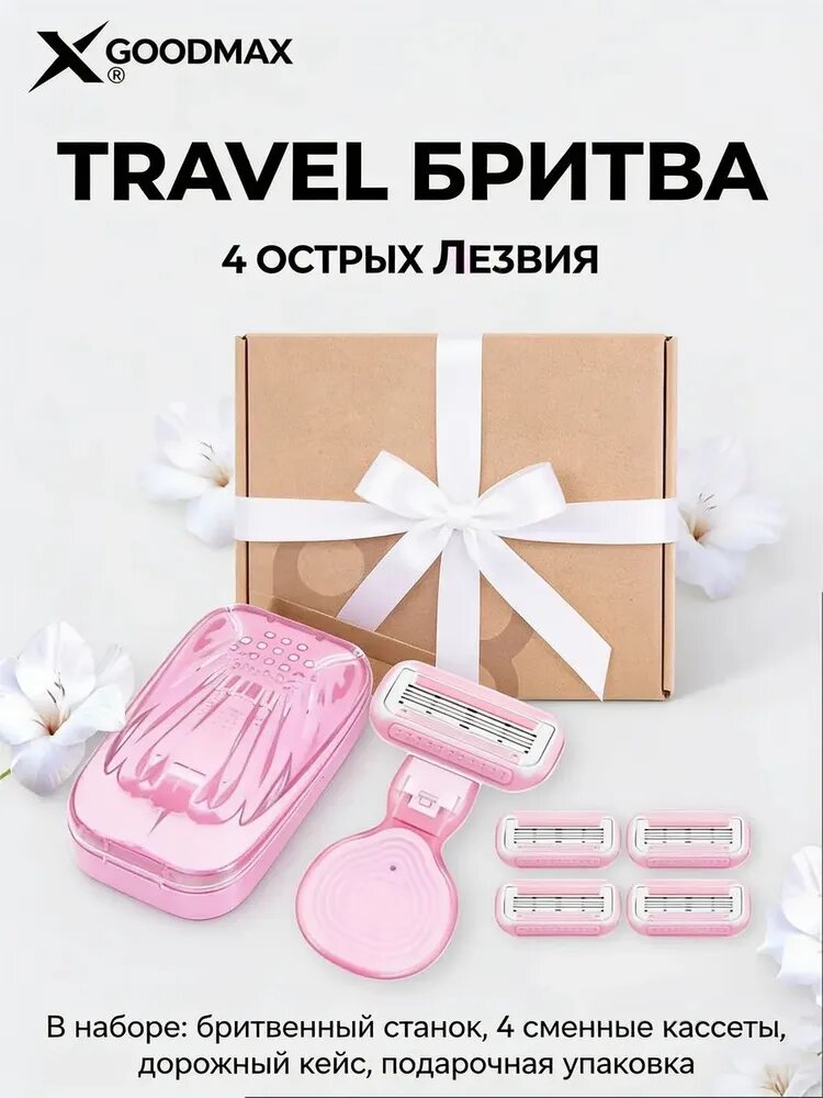 Портативная женская бритвенная система GoodMax Fairy mini бритва с 5 сменными кассетами 4 лезвия произведенных в Швеции с дорожным чехлом